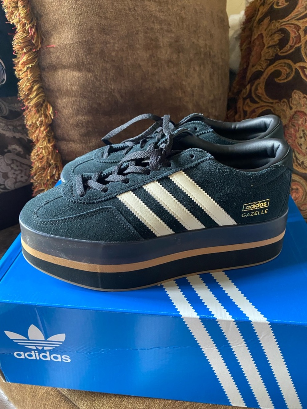 adidas Gazelle Platform Sneakers Black with White Stripes and Tan Accent